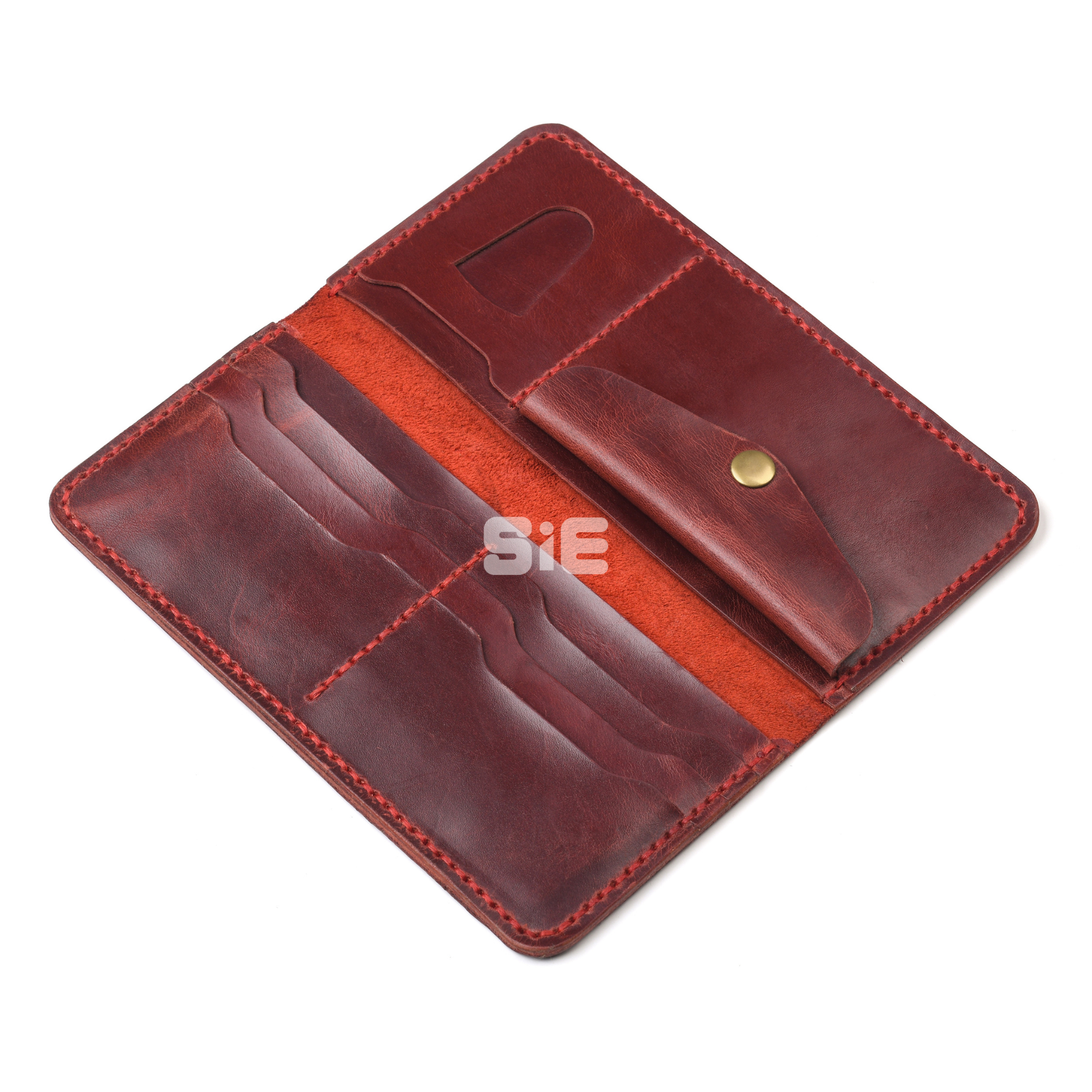 Men's Oxblood Burgundy Leather Long Bifold Wallet with Coin Pocket
