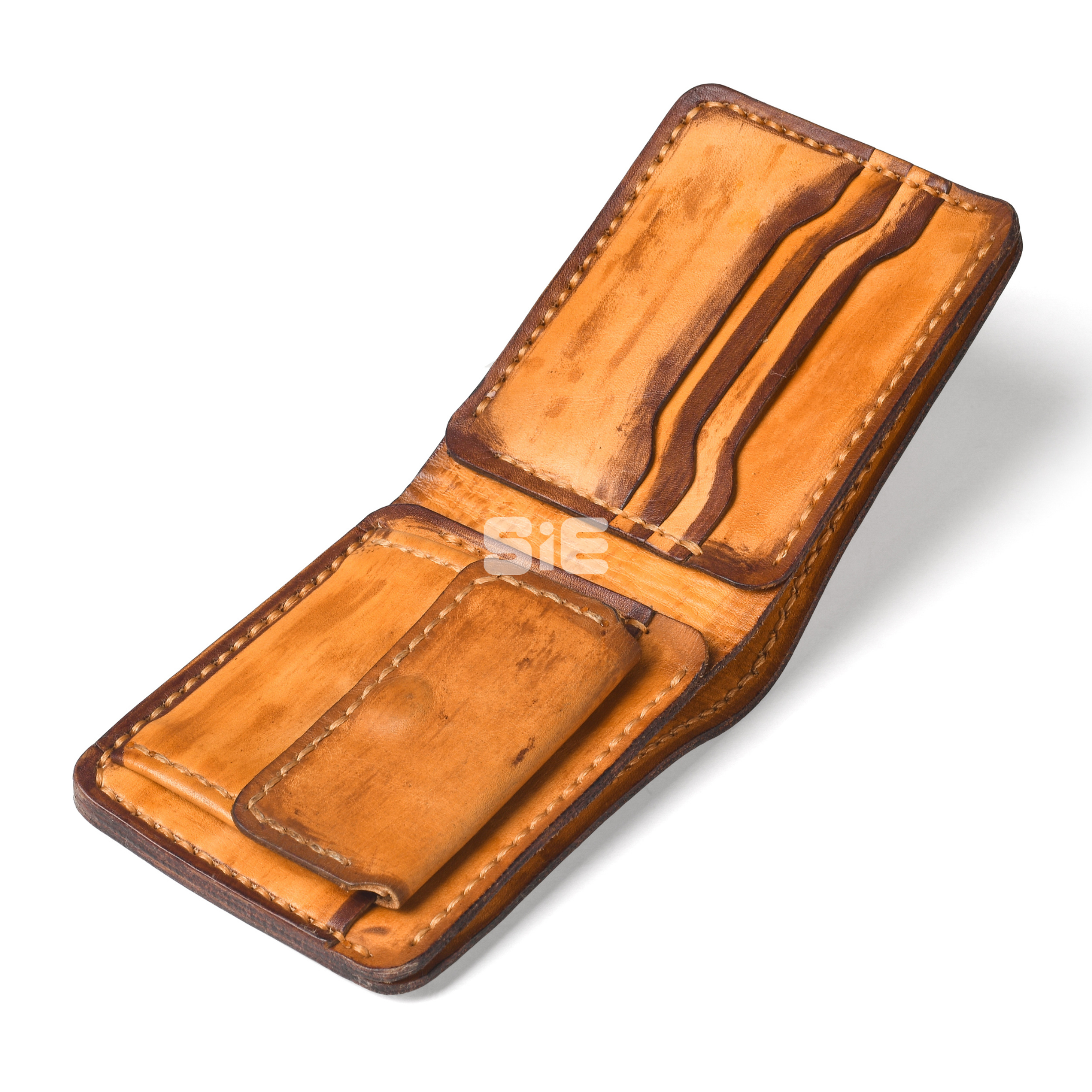 Men's Distressed Golden Tan Leather Bifold Wallet with Coin Pocket