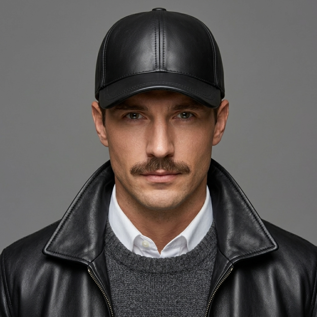 Men's Black Lambskin Leather Baseball Cap | Handcrafted | SIE