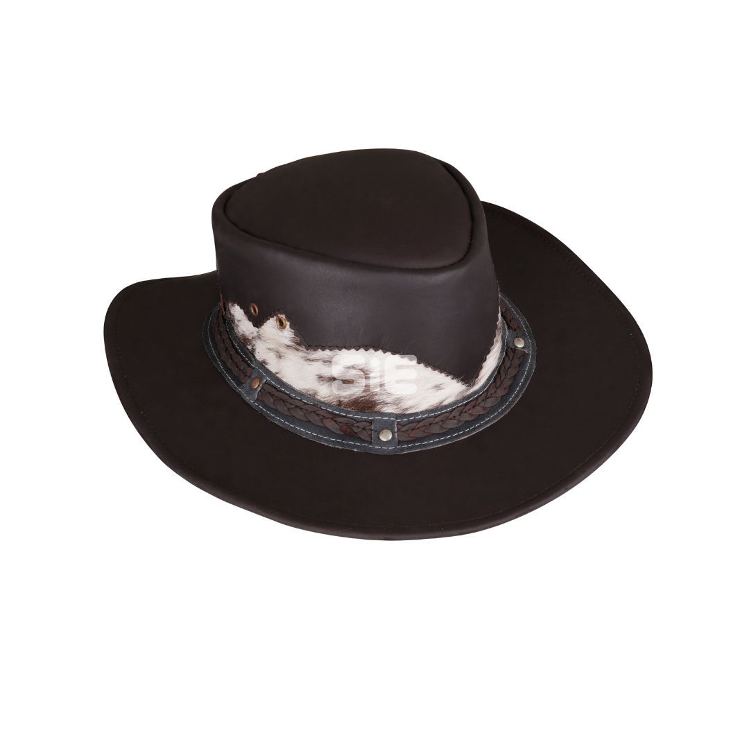 Men's Dark Brown Genuine Leather Cowboy Hat | Hair-On Cowhide Band | Braided Trim | Handcrafted | SIE Canada