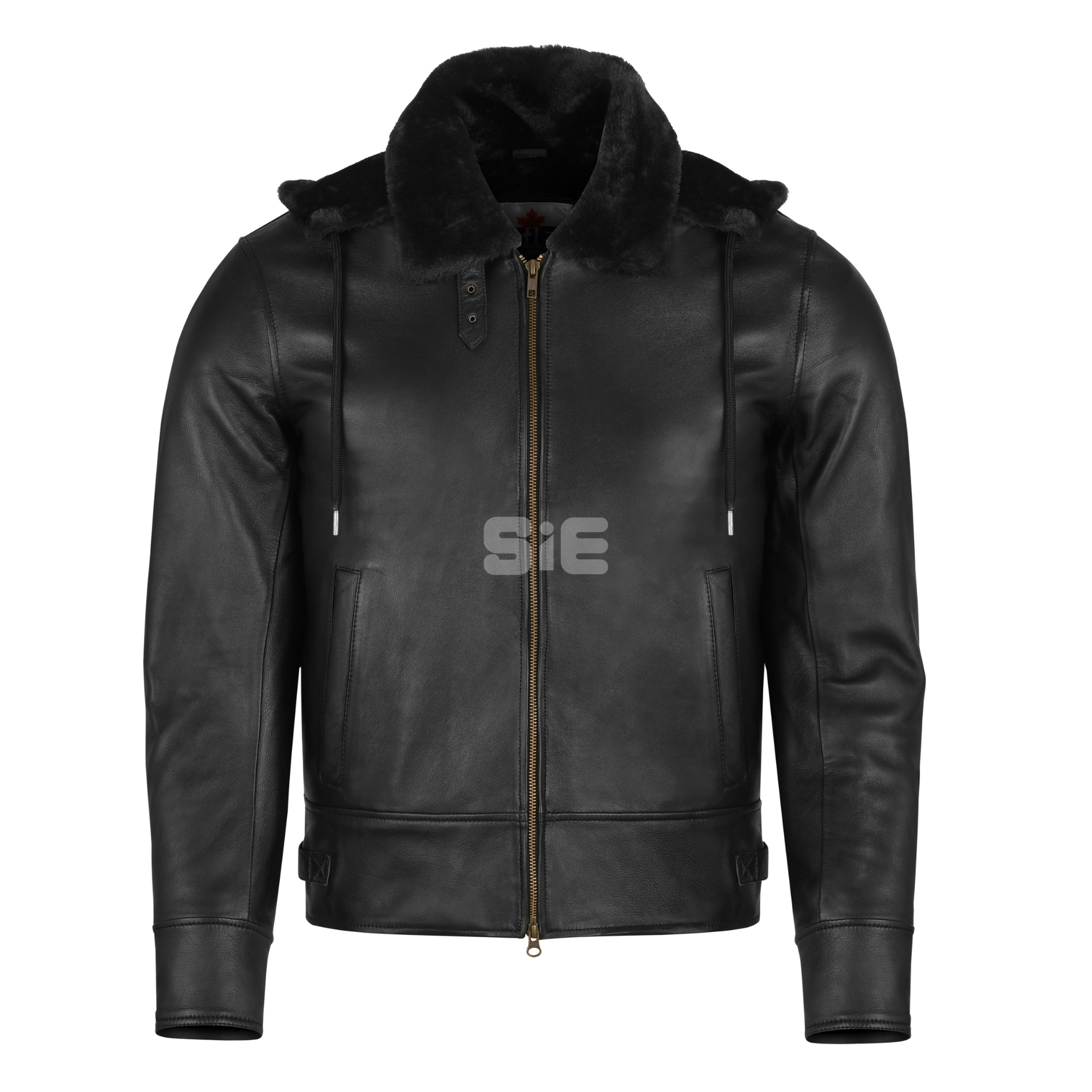 Men's Black Leather Bomber Jacket | Shearling Lining & Hood | SIE Canada
