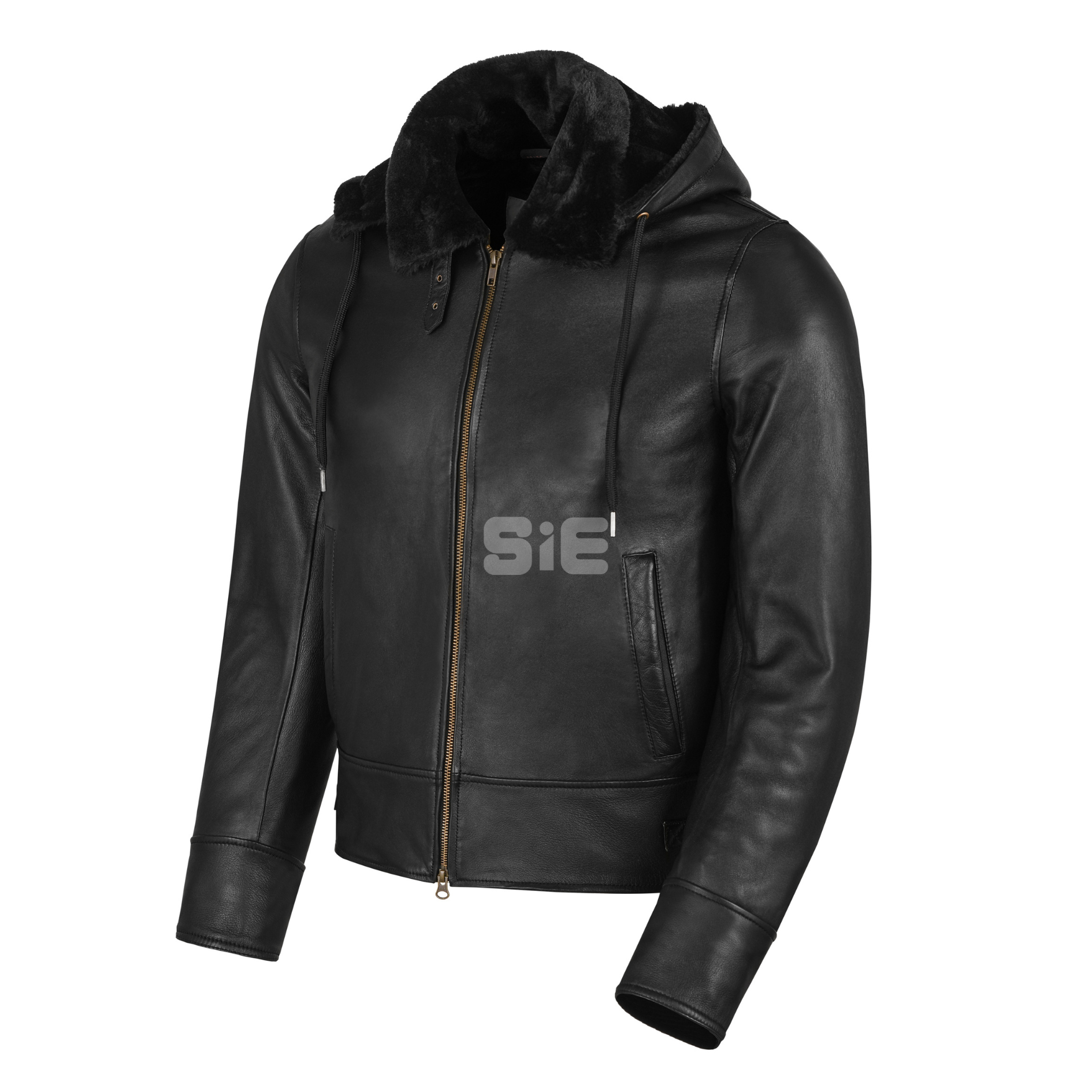 Men's Black Leather Bomber Jacket | Shearling Lining & Hood | SIE Canada