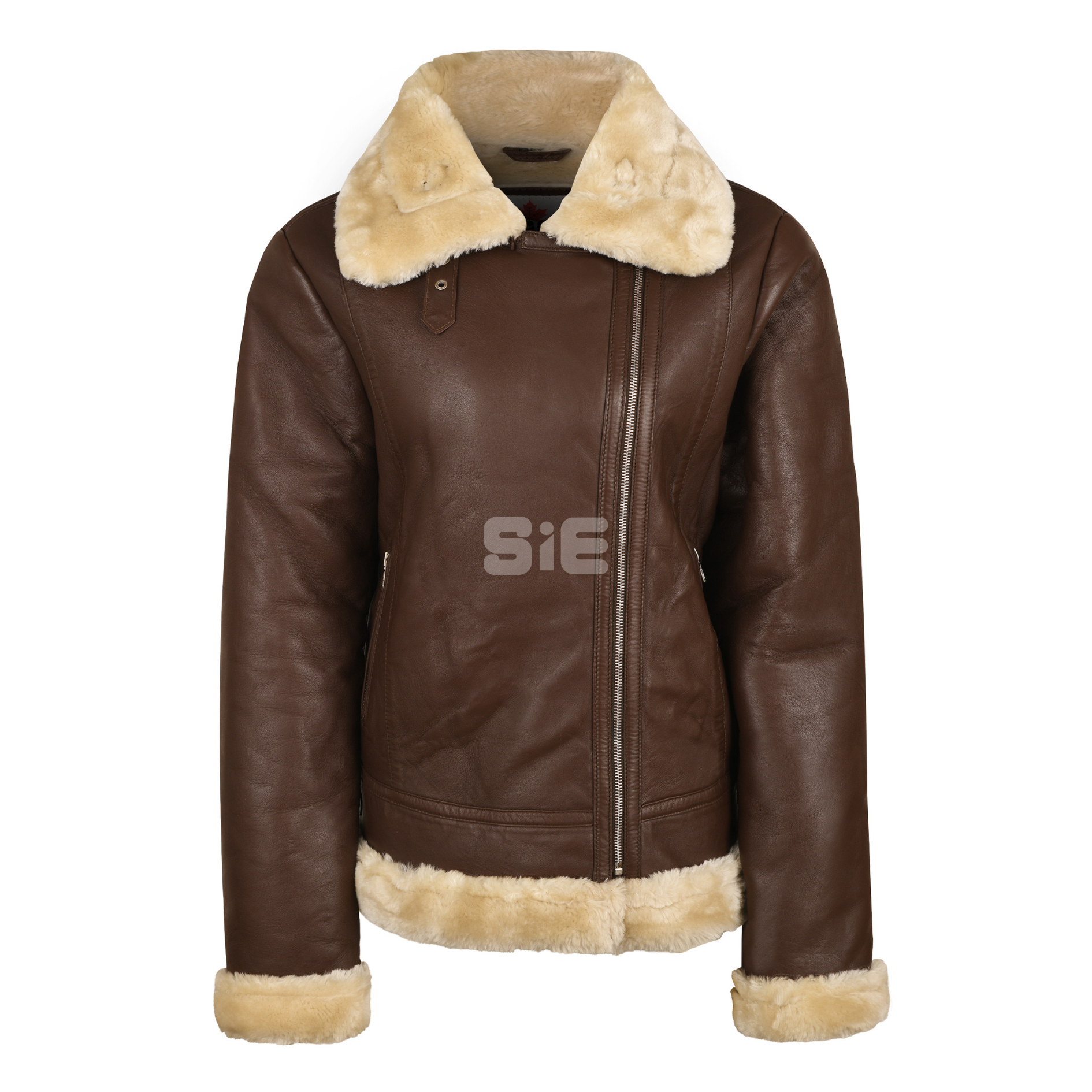 Women's Brown Leather Aviator Jacket with Shearling Lining