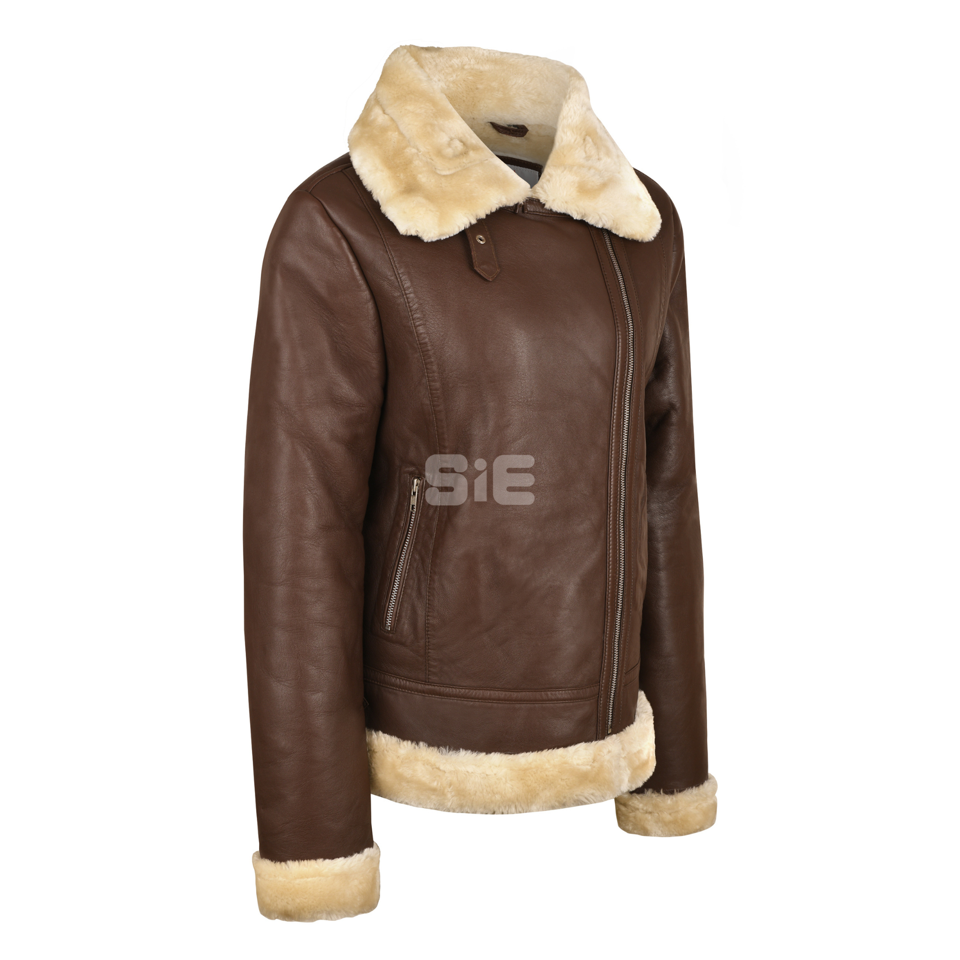 Women's Brown Leather Aviator Jacket with Shearling Lining
