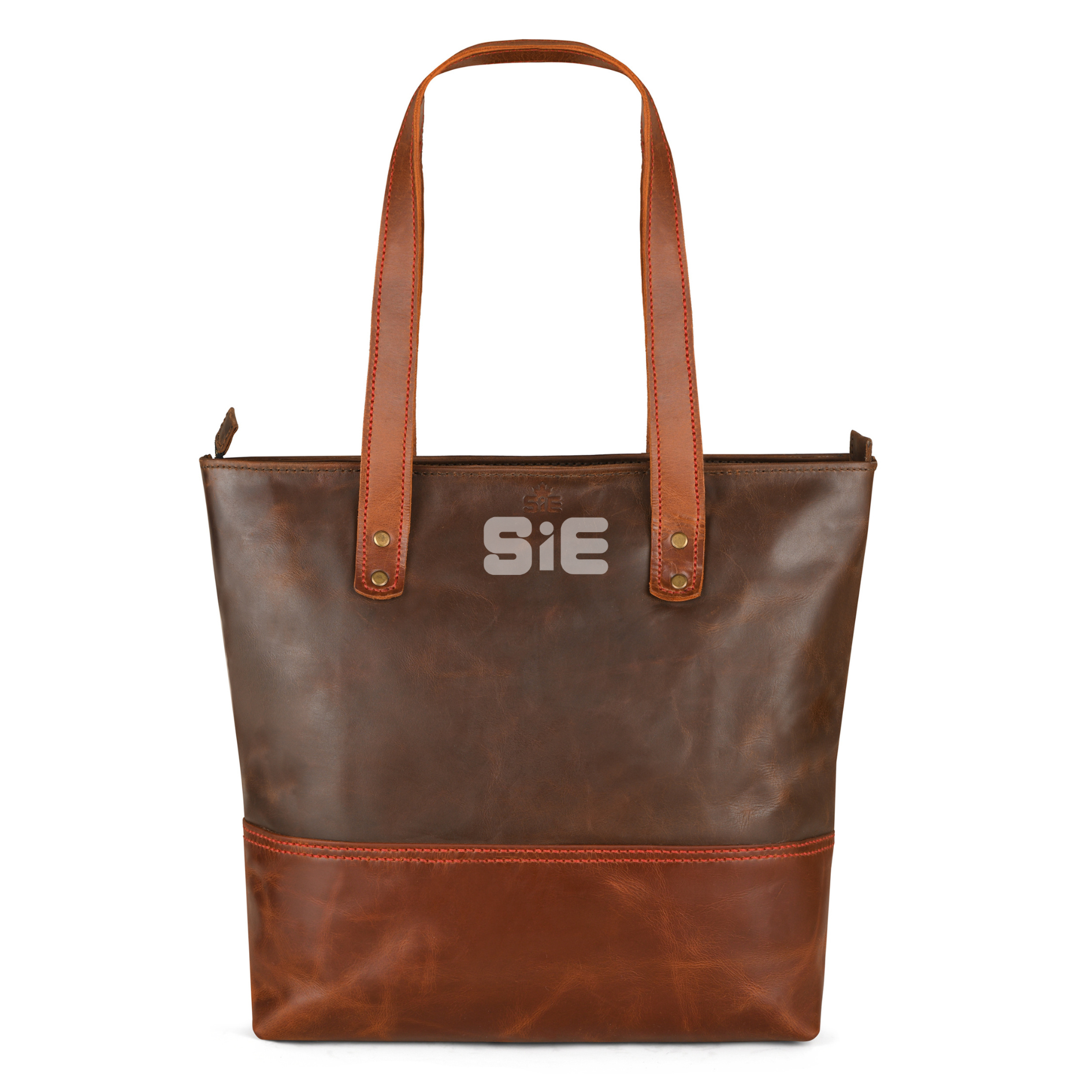 Two-Tone Brown Leather Tote Bag with Zipper Closure