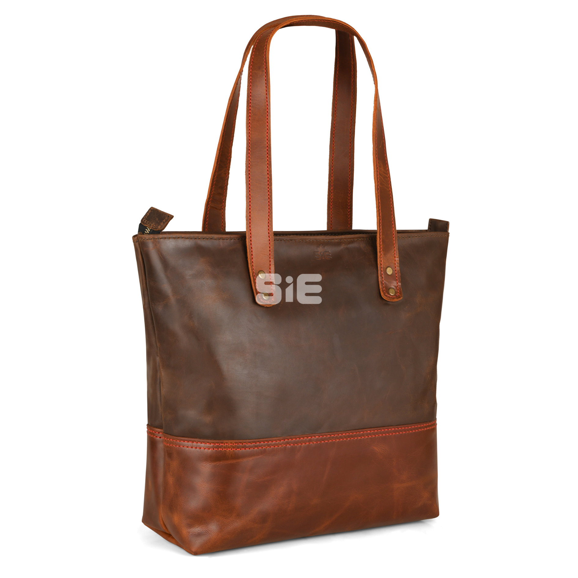 Two-Tone Brown Leather Tote Bag with Zipper Closure