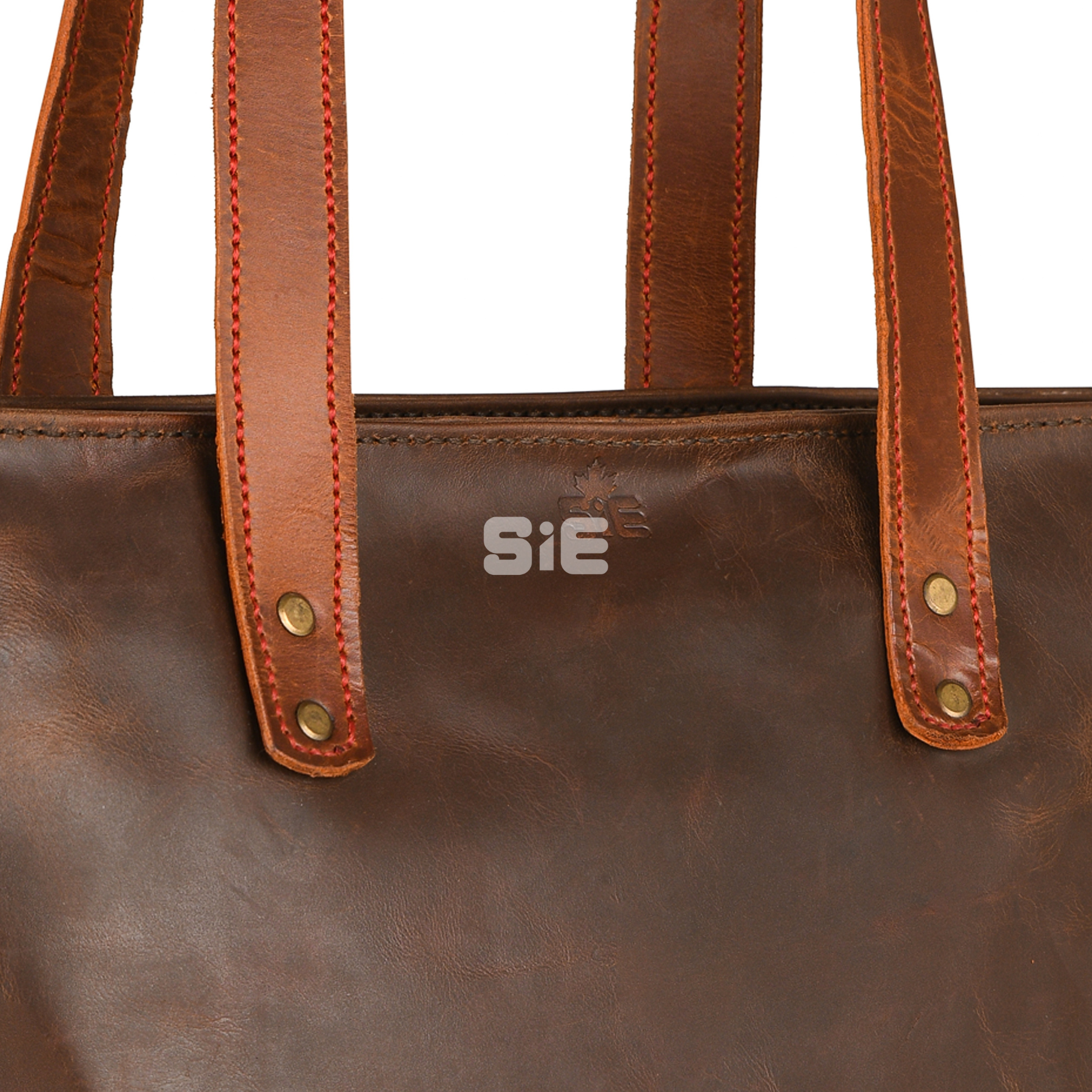 Two-Tone Brown Leather Tote Bag with Zipper Closure