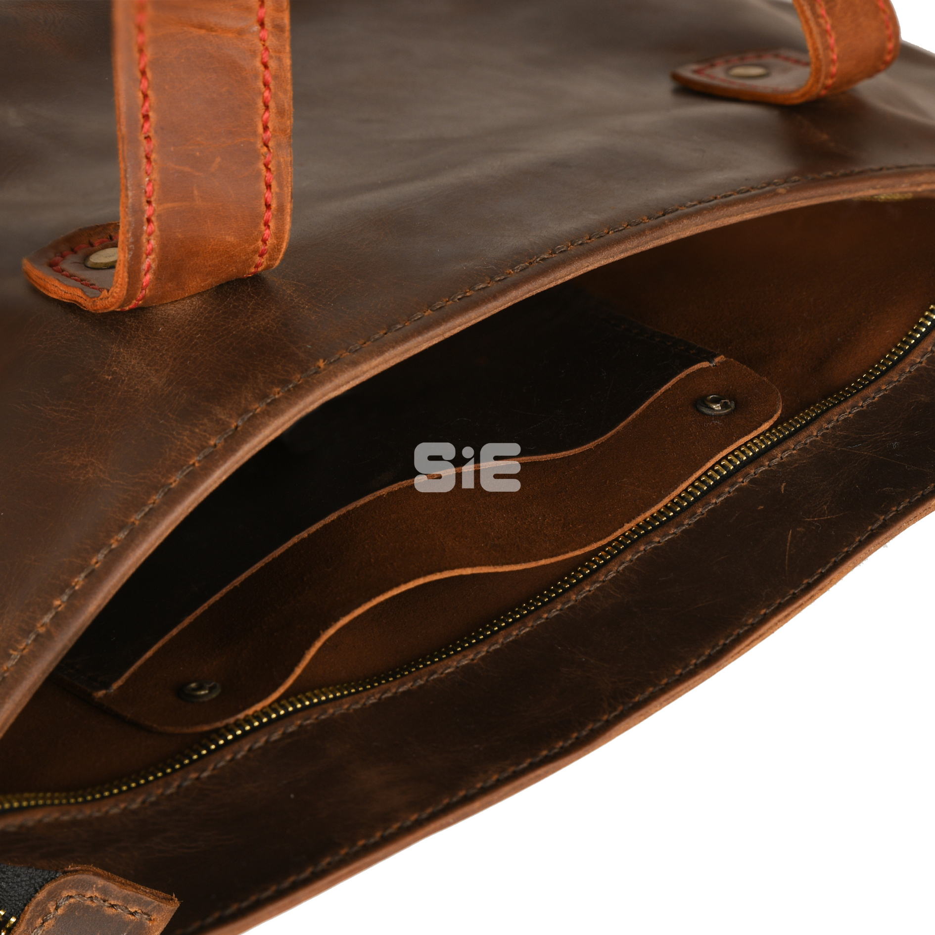 Two-Tone Brown Leather Tote Bag with Zipper Closure