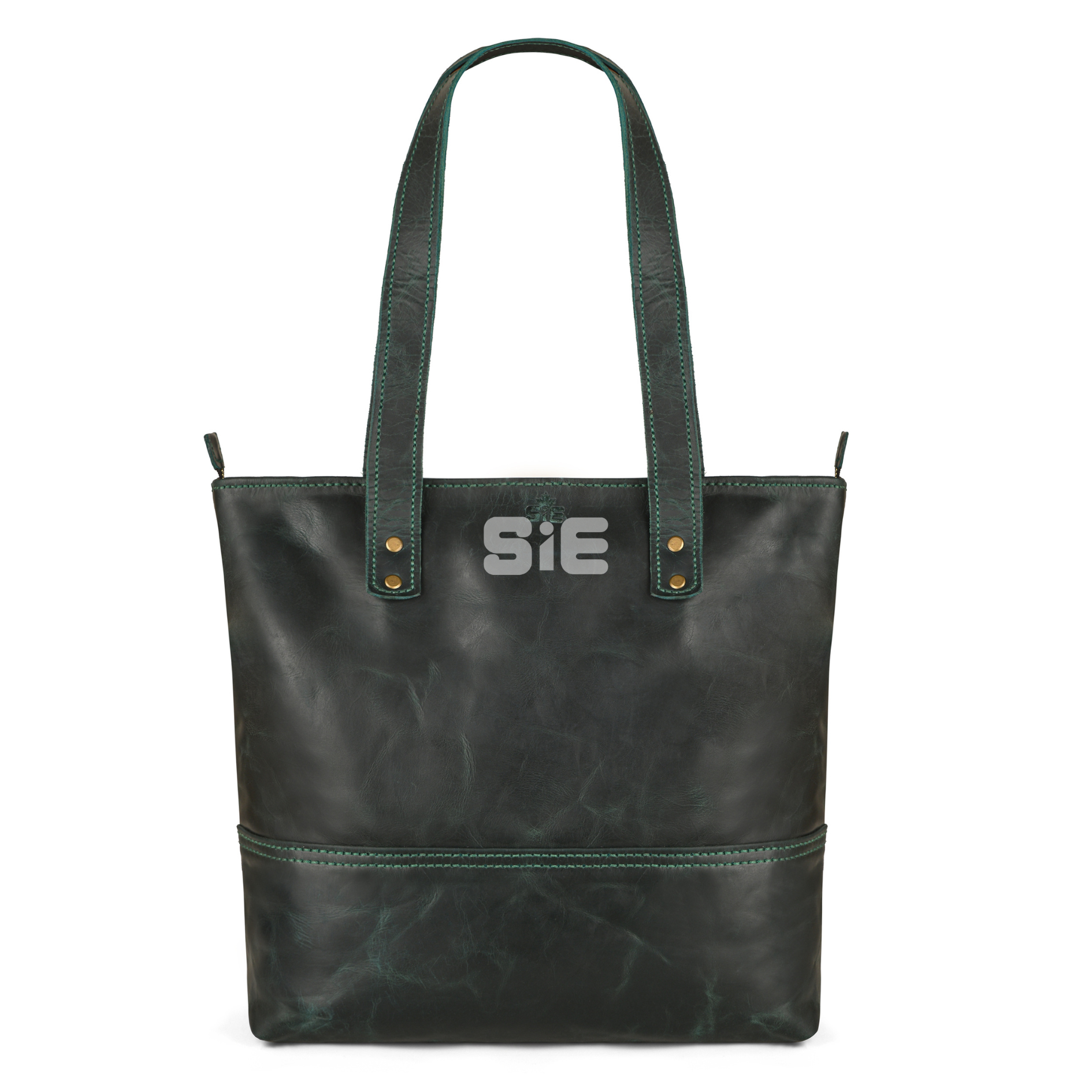 Distressed Dark Green Leather Tote Bag with Zipper Closure