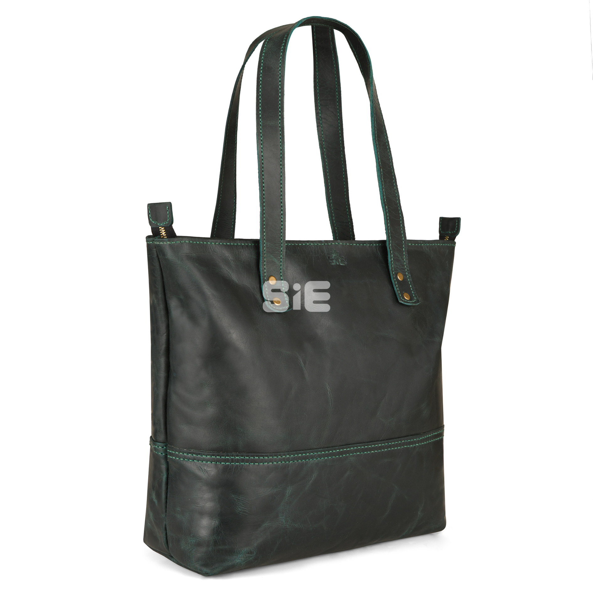 Distressed Dark Green Leather Tote Bag with Zipper Closure