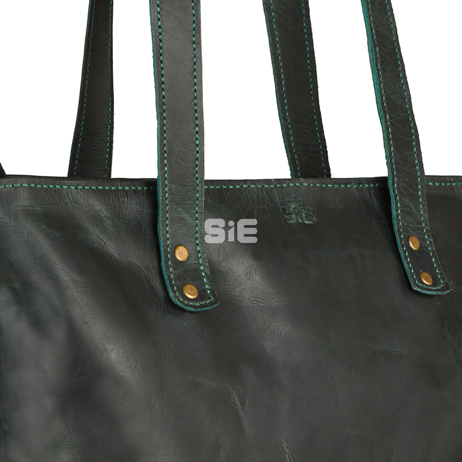 Distressed Dark Green Leather Tote Bag with Zipper Closure