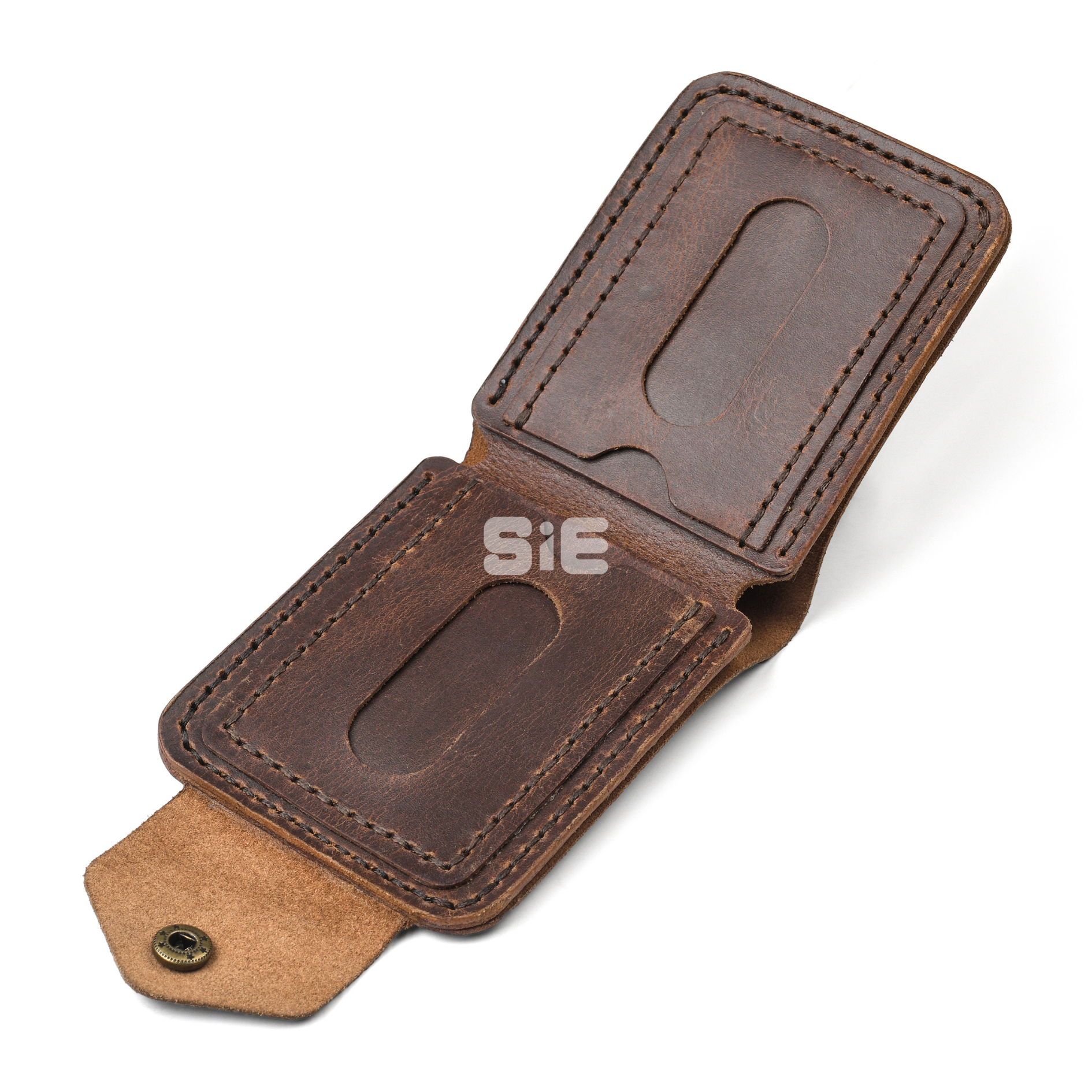 Men's Distressed Brown Leather Bifold Wallet with Snap Closure