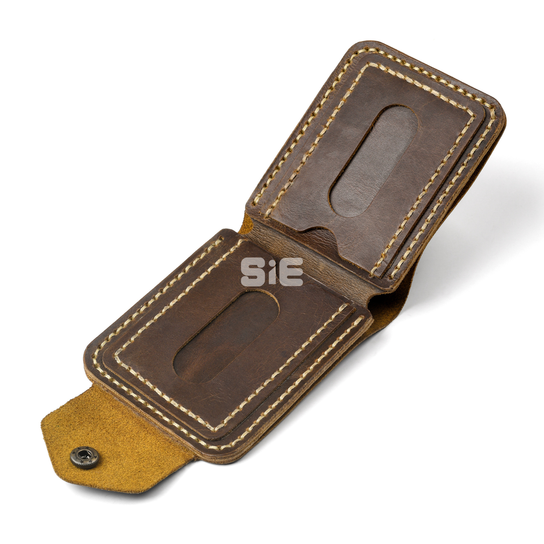 Men's Light Brown Leather Bifold Wallet with Contrast Stitching