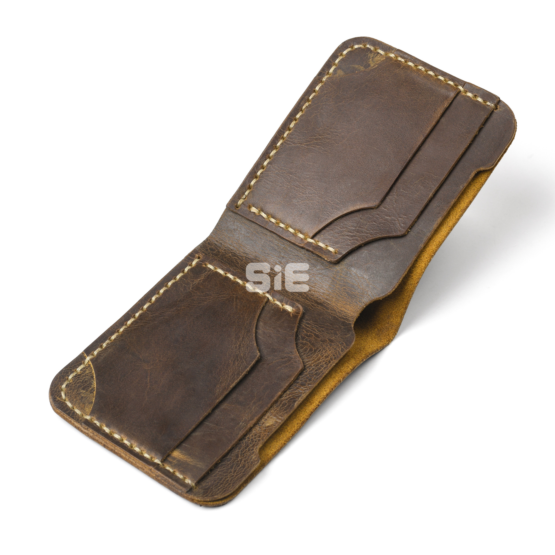 Men's Two-Tone Green and Tan Leather Minimalist Bifold Wallet