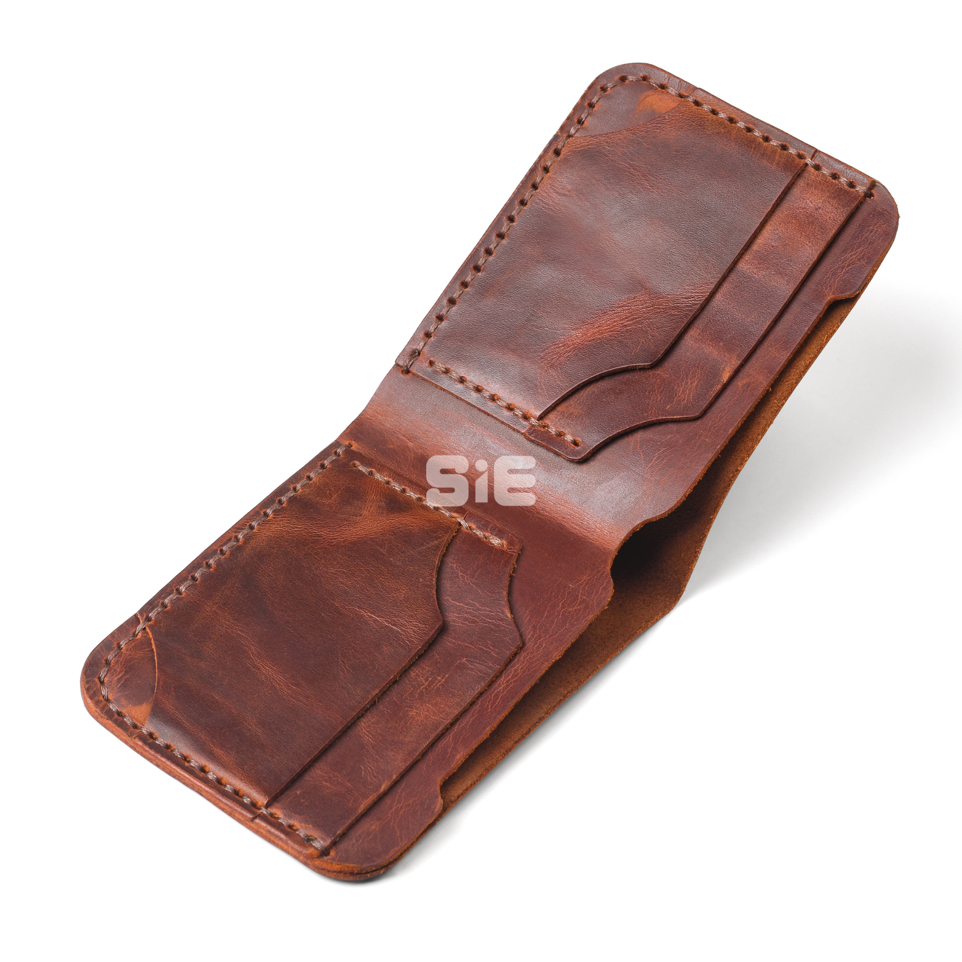 Men's Rich Cognac Reddish-Brown Leather Minimalist Bifold Wallet